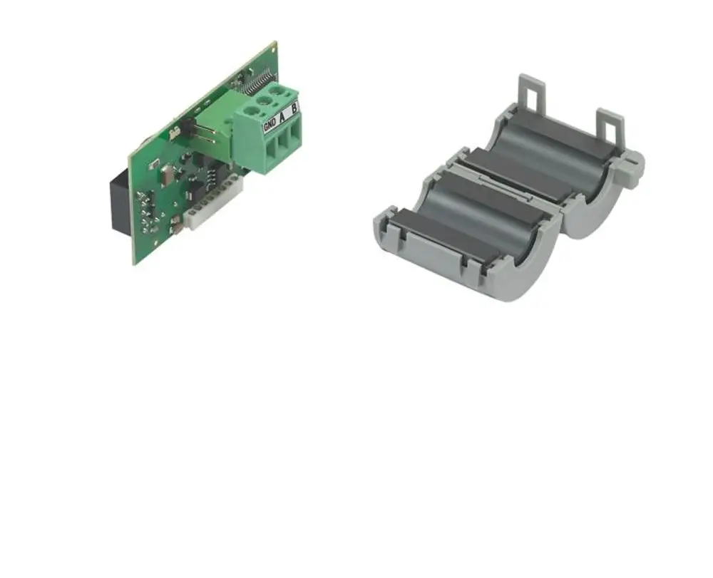 Produktbild: STIEBEL ELTRON LON interface LTM dezent LON IF, 237647, bestehend aus Platine mit Anschlussklemmen und zweiteiligem Ferritkerngehäuse.